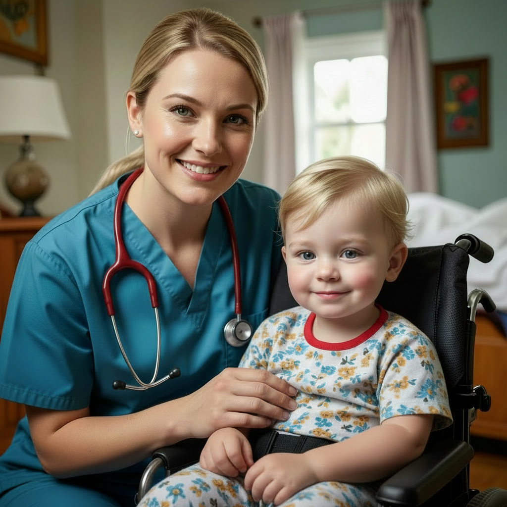Pediatric nurse supporting a child at home